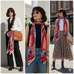 VTG Silk Scarf Neck Wrap Tullo 60s 70s Pop Art Red White Navy Mod Bag Accessory